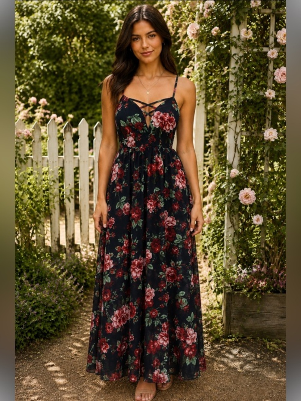 Ambiance Black Floral Crisscross Front Strappy Maxi Dress Medium